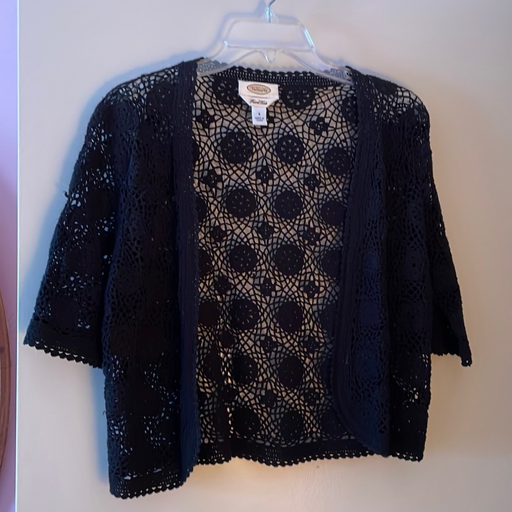 Beautiful crochet knitted style shrug to dress up or warm up a dress or top.